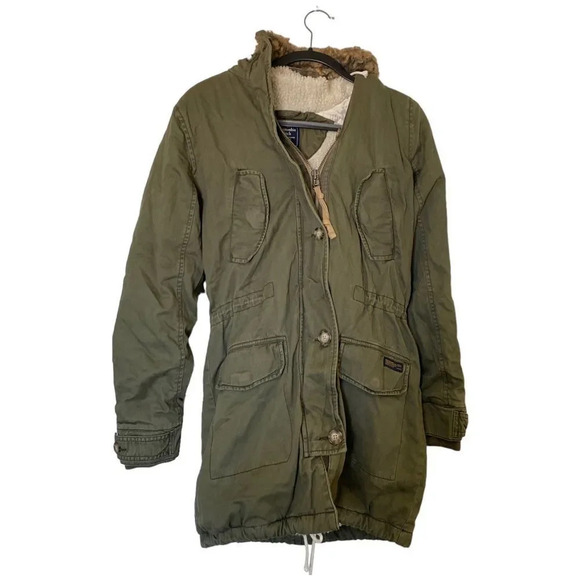 ABERCROMBIE & FITCH Sherpa Lined Parka Olive Green Faux Fur Hood Size Medium - Picture 1 of 8